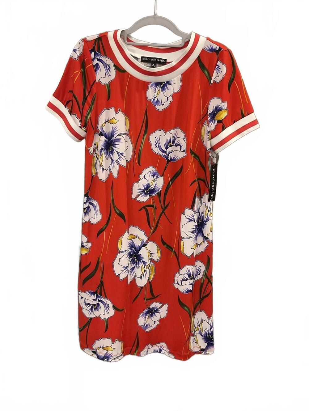NWT Madison Leigh Womens Short Sleeve Banded Neck/ Arm Red/ Floral Dress Small